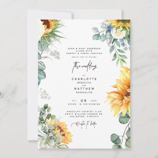 Cascading Sunflower Greenery Sage Wedding Invitati Kaart (Voorkant)