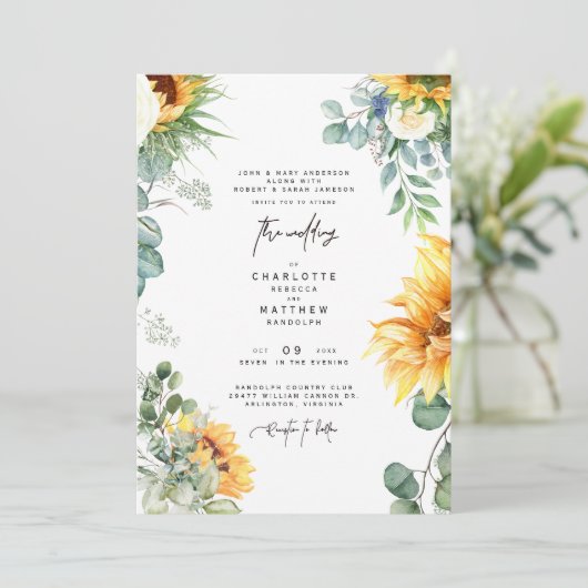 Cascading Sunflower Greenery Sage Wedding Invitati Kaart (Staand voorkant)