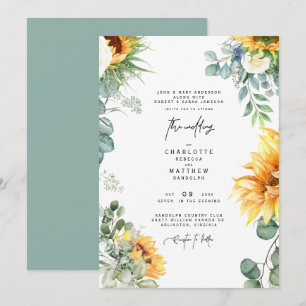 Cascading Sunflower Greenery Sage Wedding Invitati Kaart