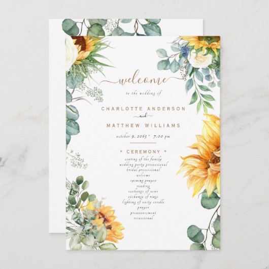 Cascading Sunflower Greenery Wedding Programme (Voorkant / Achterkant)