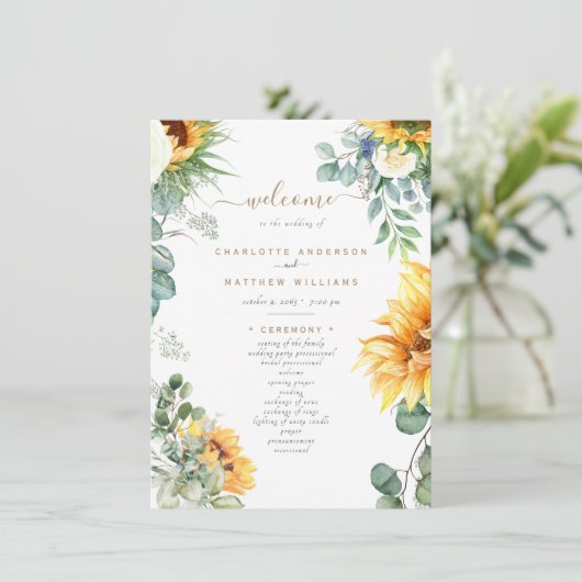 Cascading Sunflower Greenery Wedding Programme (Staand voorkant)