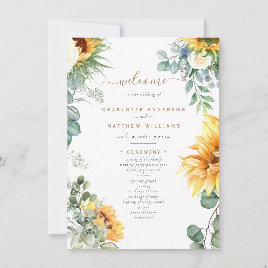 Cascading Sunflower Greenery Wedding Programme (Voorkant)