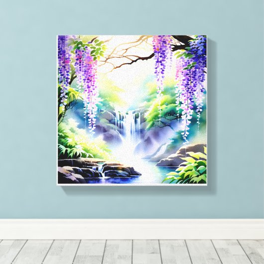 Cascading waterval onder Amethist bloeit Canvas Afdruk (Insitu (Houten vloer))