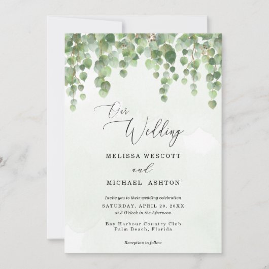 Cascading Waterverf Eucalyptus Greenery Wedding Kaart (Voorkant)
