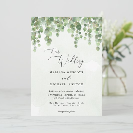 Cascading Waterverf Eucalyptus Greenery Wedding Kaart (Staand voorkant)