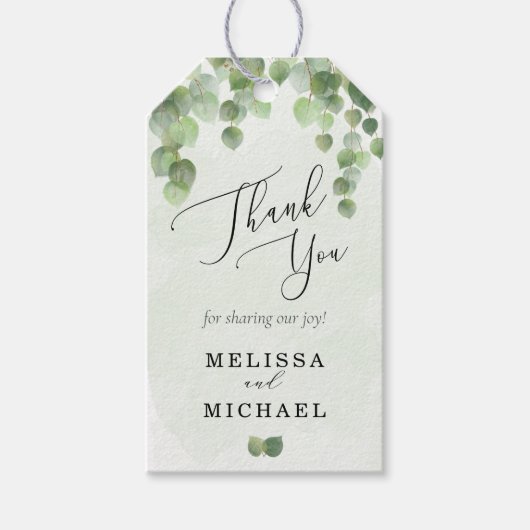 Cascading Waterverf Eucalyptus Weddenschap Cadeaulabel (Voorkant)