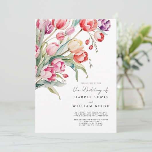 Cascading waterverf tulpen qr code bruiloft kaart (Staand voorkant)