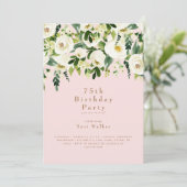 Cascading White Floral 75th Birthday Party Blush Kaart (Staand voorkant)