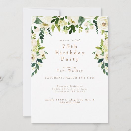 Cascading White Floral 75th Birthday Party Kaart (Voorkant)