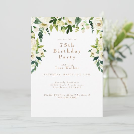 Cascading White Floral 75th Birthday Party Kaart (Staand voorkant)