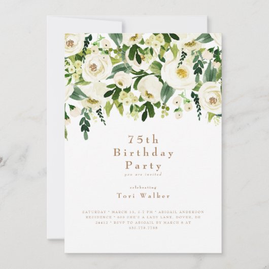 Cascading White Floral 75th Birthday Party Kaart (Voorkant)