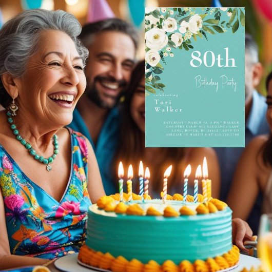 Cascading White Floral Turquoise 80ste verjaardag Kaart