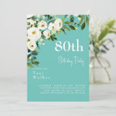 Cascading White Floral Turquoise 80ste verjaardag Kaart (Staand voorkant)