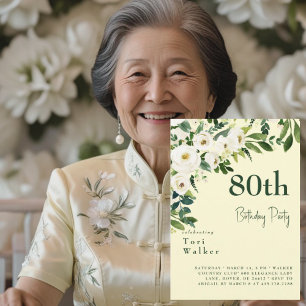 Cascading White Floral Yellow 80th Birthday Kaart