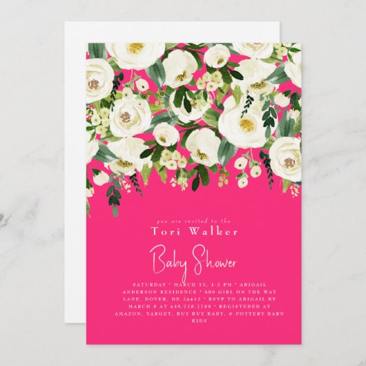 Cascading Witte Bloemen Heet Roze Baby shower Kaart (Voorkant / Achterkant)