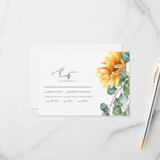 Cascading Zonnebloemen Groen Bruiloft RSVP Kaartje (Voorkant / Achterkant in situ)