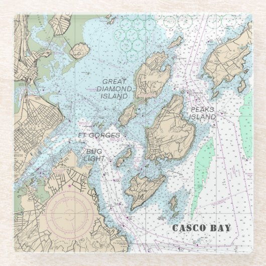 ⚓️ Casco Bay Authentieke Nautische Grafiek Glazen Onderzetter (Voorkant)