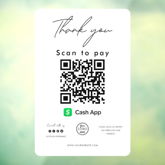 Cash App QR Code Logo Scannen naar betaling Bedank Raamsticker (Vel 3)