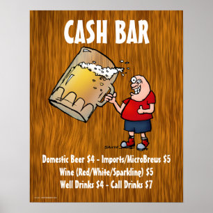 Cash Bar-bord met grappige man op houten achtergro Poster