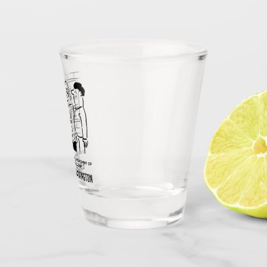 Cash Machine Laughs bij Customer Cartoon. Shot Glas (Rechts)