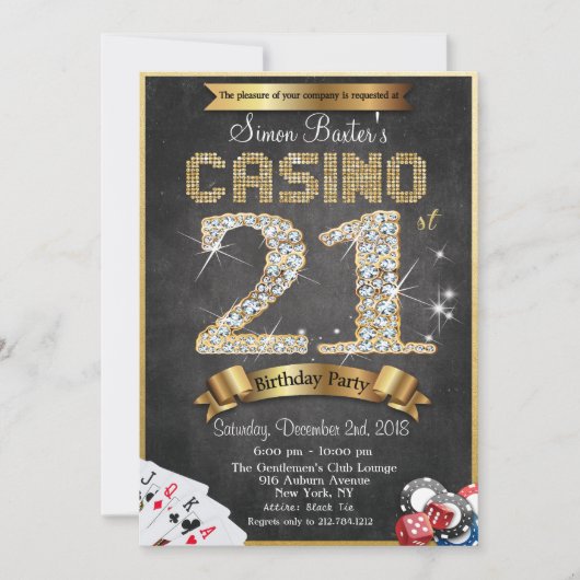 Casino 21st Gold Diamond Birthday Invitation Kaart (Voorkant)
