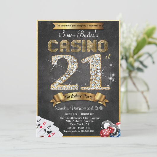 Casino 21st Gold Diamond Birthday Invitation Kaart (Staand voorkant)