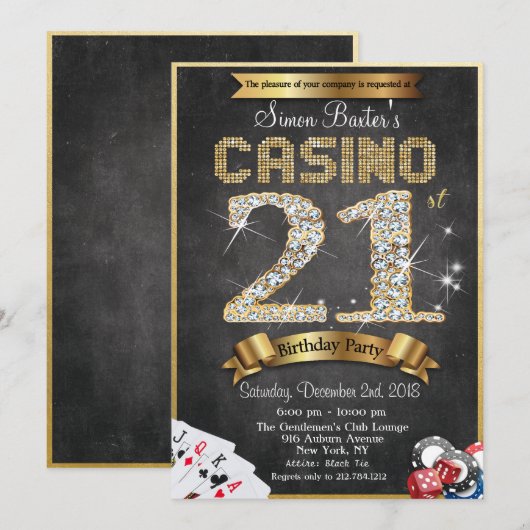 Casino 21st Gold Diamond Birthday Invitation Kaart (Voorkant / Achterkant)