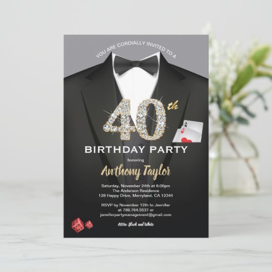 Casino 40ste verjaardag. Zwart en goud Kaart (Staand voorkant)