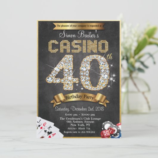 Casino 40th Gold Diamond Birthday Invitation Kaart (Staand voorkant)