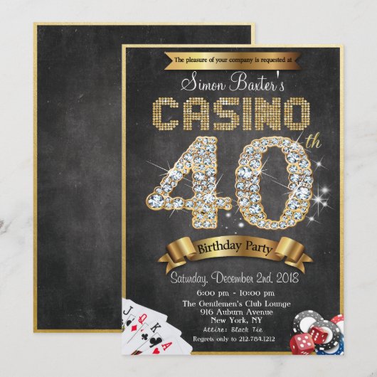 Casino 40th Gold Diamond Birthday Invitation Kaart (Voorkant / Achterkant)