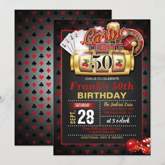 Casino 50th Birthday Invitation Kaart (Voorkant / Achterkant)