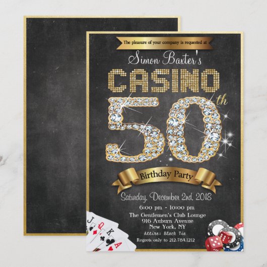 Casino 50th Gold Diamond Birthday Invitation Kaart (Voorkant / Achterkant)