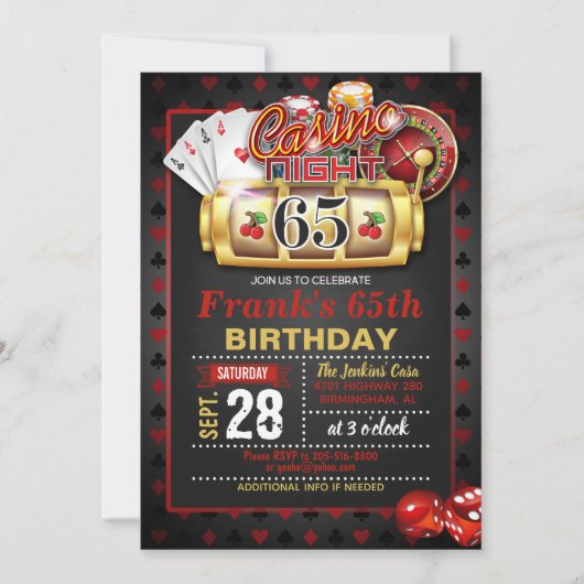 Casino 65th Birthday Invitation Kaart (Voorkant)