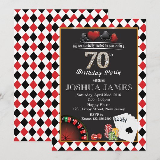Casino 70e verjaardag uitnodiging (Voorkant / Achterkant)
