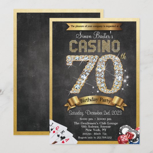 Casino 70th Gold Diamond Birthday Invitation Kaart (Voorkant / Achterkant)
