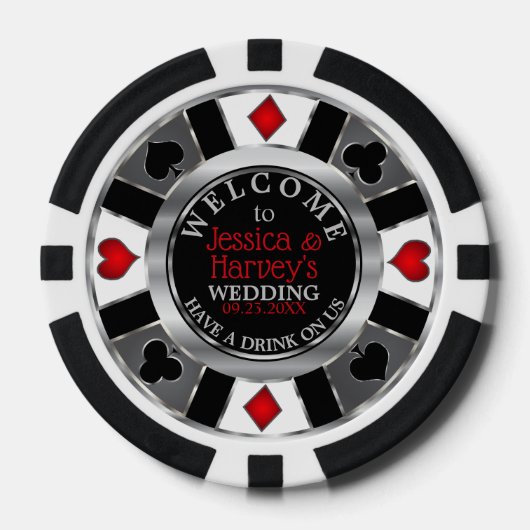 Casino Chip Bruiloft - Drink op ons - Silver & Red (Voorkant)