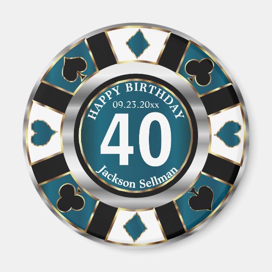 Casino Chip Las Vegas Birthday - Blauwgroen blauw Magneet (Voorkant)