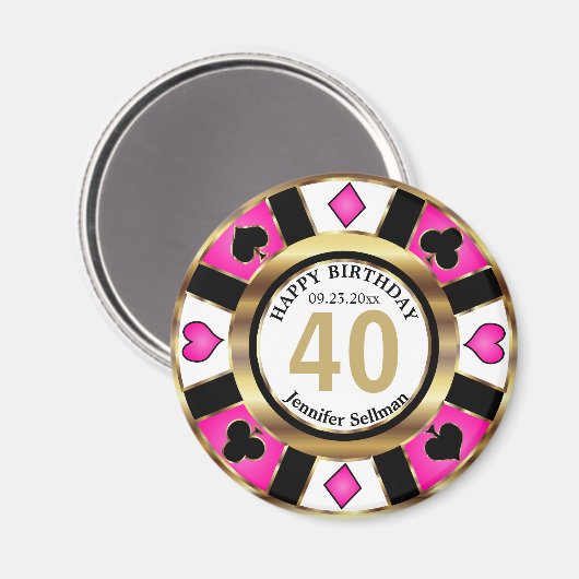 Casino Chip Las Vegas Birthday -  Roze Magneet (Voorkant / Achterkant)