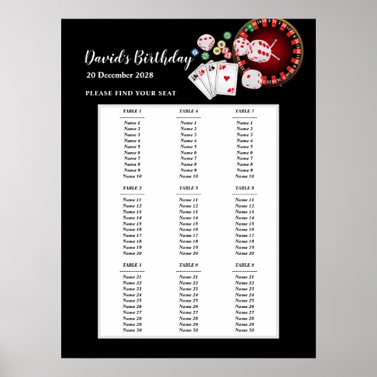 CASINO feest zitplaats bord, verjaardagsfeest stoe Poster (Voorkant)