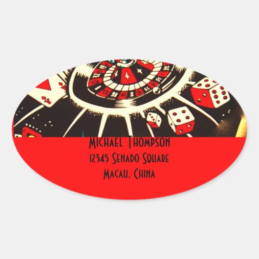 Casino Gambler adreslabel in Lucky Red Ovale Sticker (Voorkant)