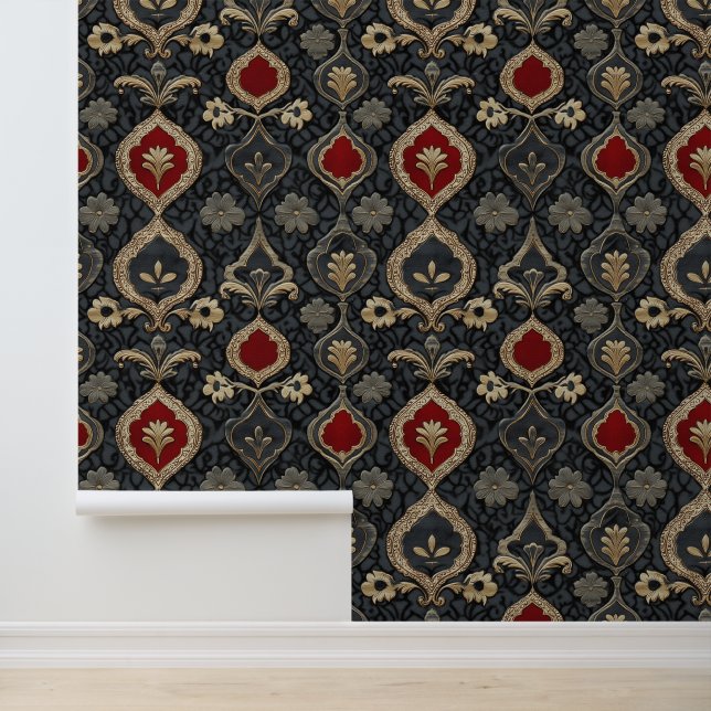 Casino Gokken Spelletjes Rood & Zwart Damask Royal Behang (Applicatie)