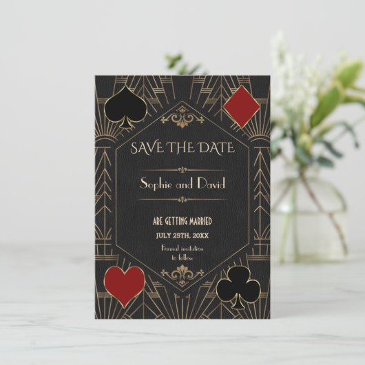 Casino Gold Black Gatsby Wedding Save The Date Kaart (Staand voorkant)