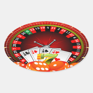 Casino-illustratie met roulette wielen en dices ovale sticker