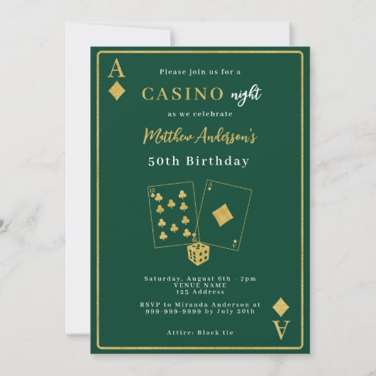 Casino nacht groen goud verjaardag kaart (Voorkant)