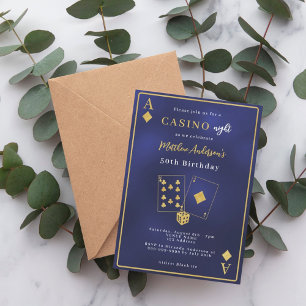 Casino nacht marine blauw goud verjaardag kaart