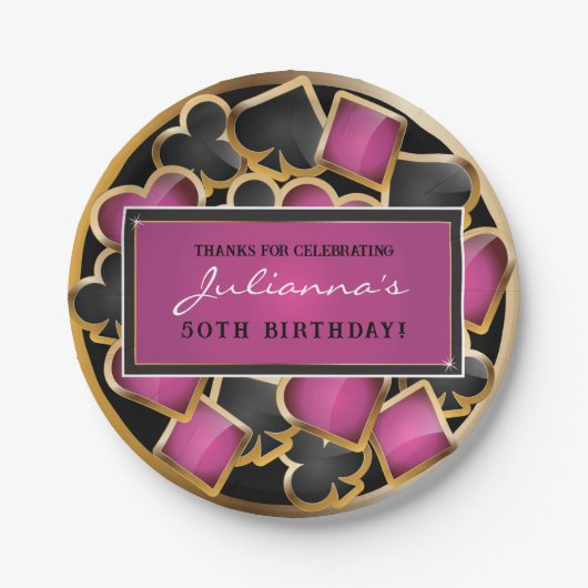 CASINO NACHT ROZE Verjaardagsfeestgeschenk Label Papieren Bordje (Voorkant)