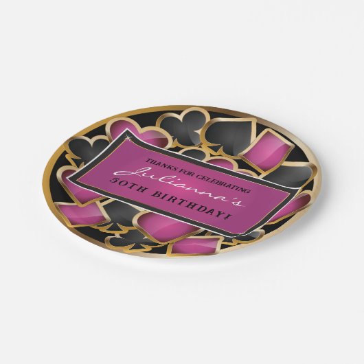 CASINO NACHT ROZE Verjaardagsfeestgeschenk Label Papieren Bordje (Gekanteld)