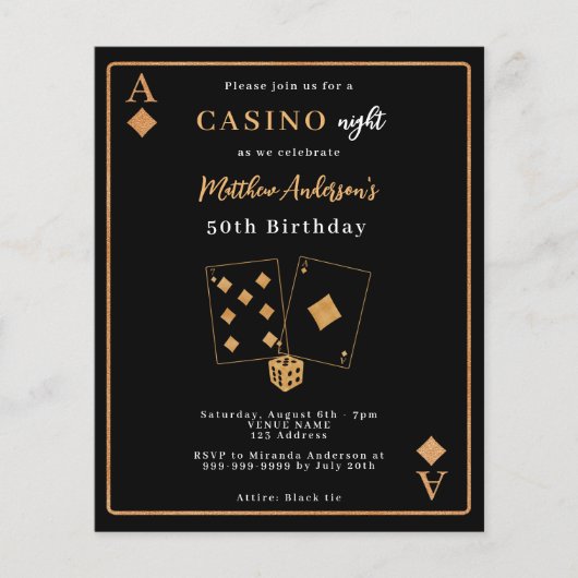 Casino nacht zwart goud verjaardagsuitnodiging (Voorkant)