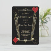 Casino Night Gold Art Deco Monogram Bachelor Party Kaart (Staand voorkant)