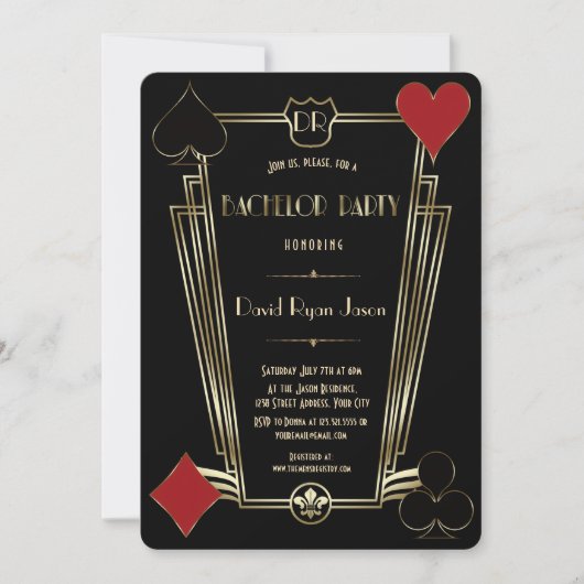 Casino Night Gold Art Deco Monogram Bachelor Party Kaart (Voorkant)